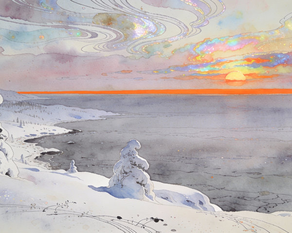 Vibrant Winter Landscape with Colorful Sunset Sky