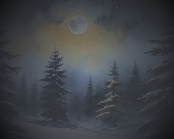 Full Moon Over Snowy Pine Forest at Night