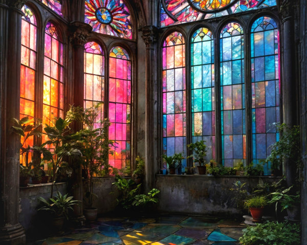 Restored Interior with Stained Glass and Lush Greenery