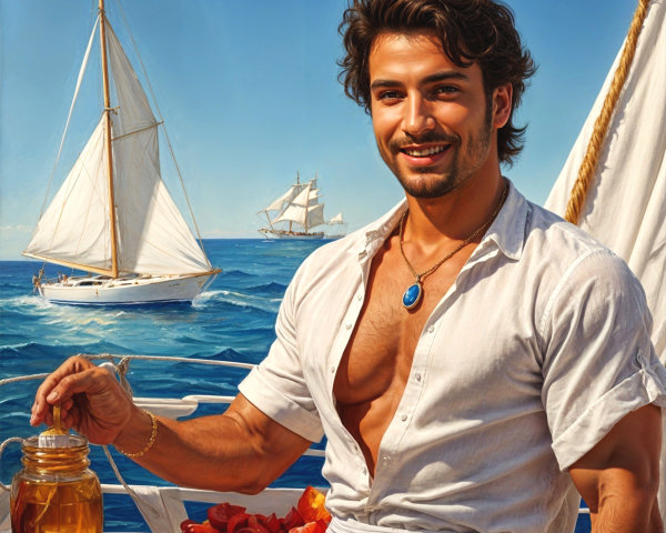 Sunlit Sailboat Scene with Food and Young Man