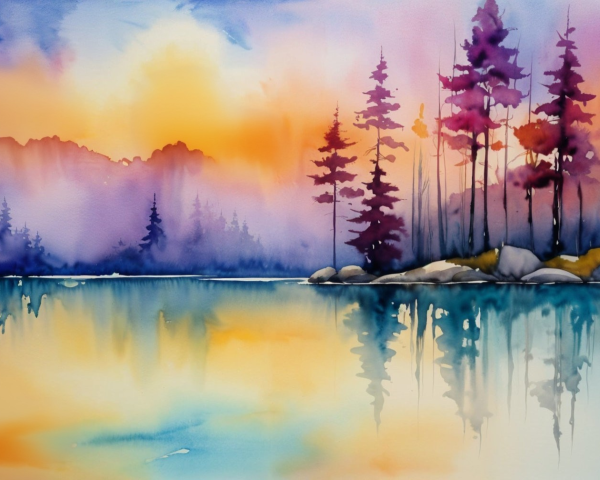 Tranquil Lake Sunset Watercolor Landscape Scene