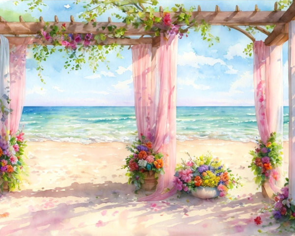 Beach Wedding Scene with Pergola and Floral Decor