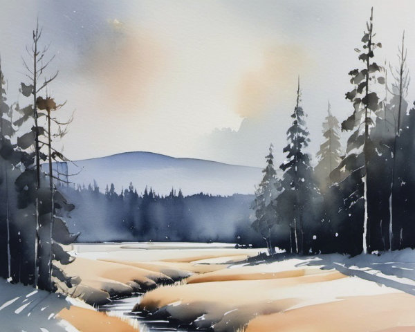 Tranquil Watercolor Landscape with River and Pines