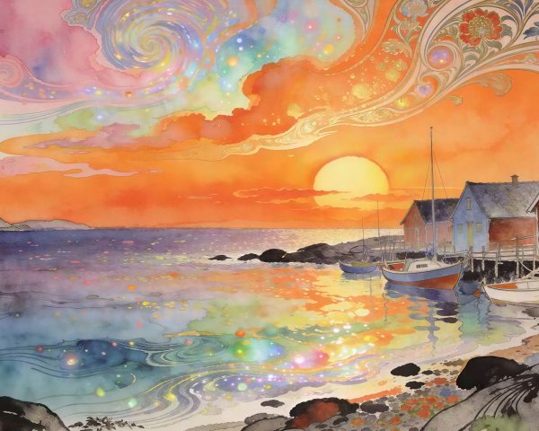 Vibrant Watercolor Harbor Scene at Sunset