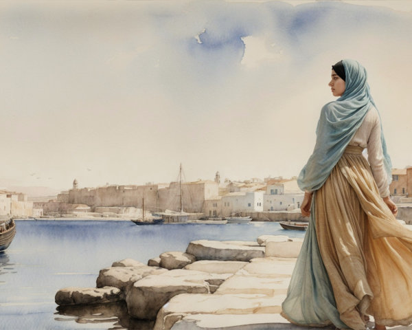 Waterfront Scene with Woman in Traditional Attire