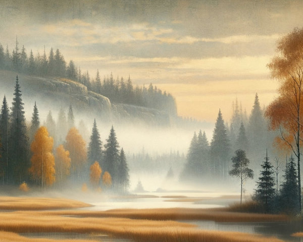 Tranquil Dawn Landscape with River and Misty Forest