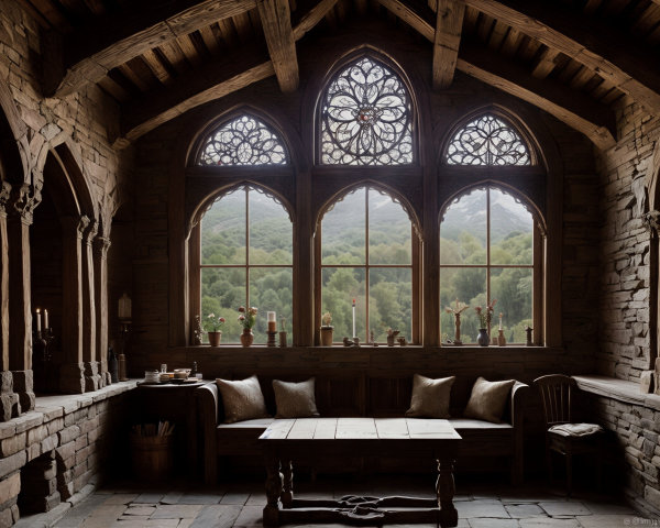 Cozy Rustic Room with Gothic Windows and Green Hills