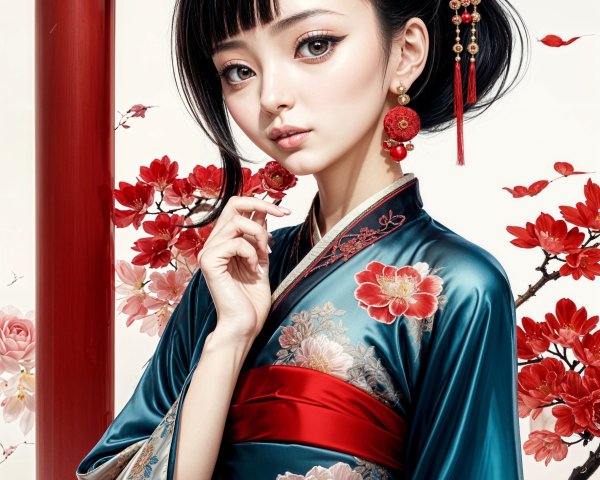 Young Woman in Elegant Kimono Amid Red Blossoms