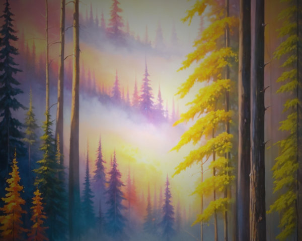 Serene Landscape with Evergreen Trees and Mist