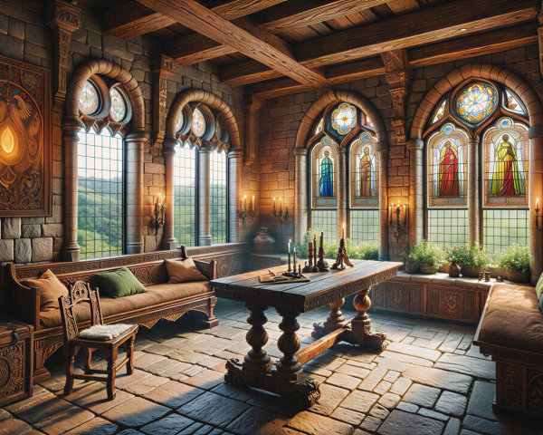 Medieval Room with Stained Glass and Wooden Decor