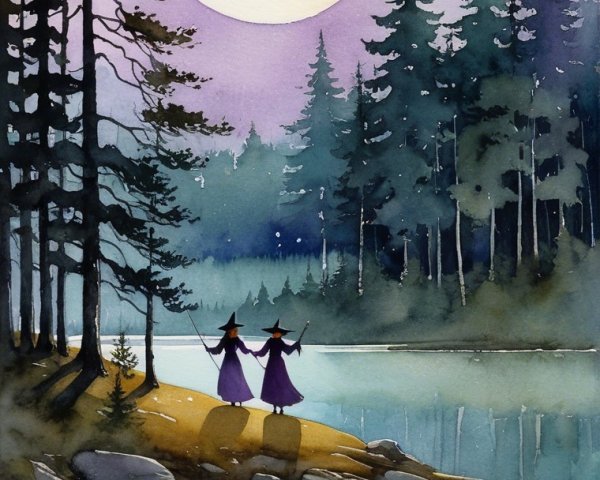 Witches by Moonlit Lake with Pine Tree Silhouettes