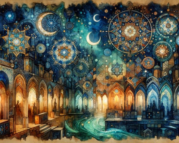 Ornate Dimly Lit Hall with Celestial Motifs and Patterns