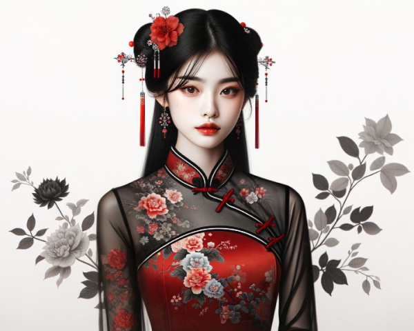 Young Woman in Traditional Chinese Dress with Floral Patterns