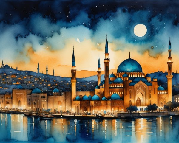 Watercolor of Grand Mosque by a Tranquil River