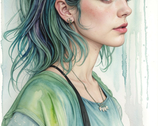 Watercolor Portrait of a Young Woman with Colorful Hair