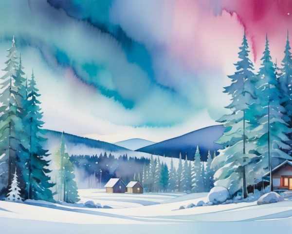 Winter Landscape with Cabins and Aurora Borealis