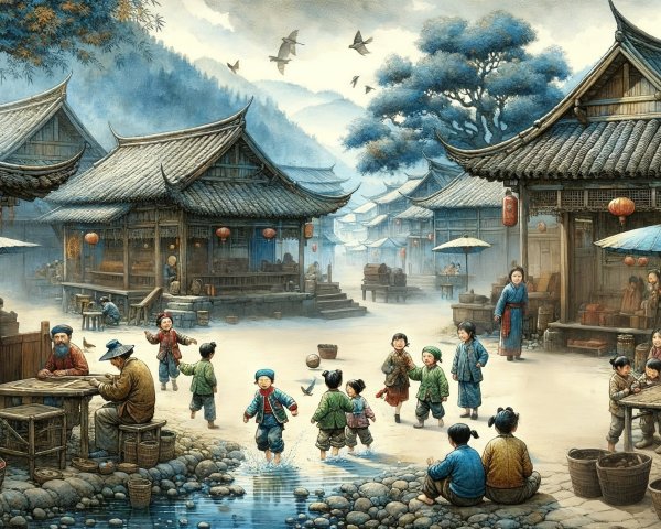 Traditional Village Scene with Children and Villagers