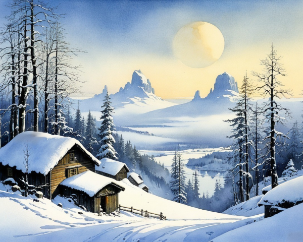 Serene Winter Landscape with Snow-Covered Mountains