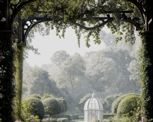 Serene garden scene with ornate archway and gazebo