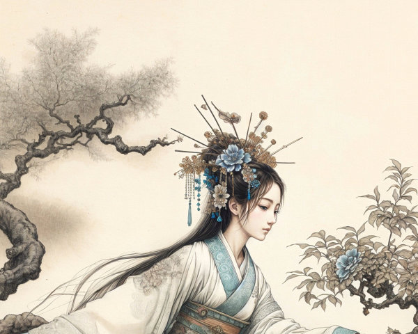Young Woman in Traditional Attire with Floral Branch