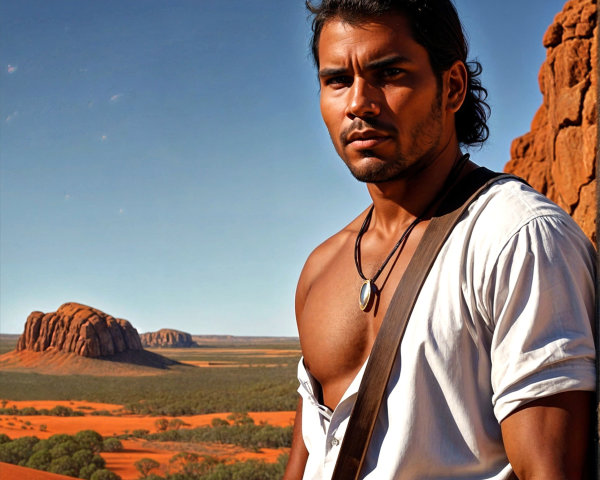 Young man in desert landscape with red sands and blue sky