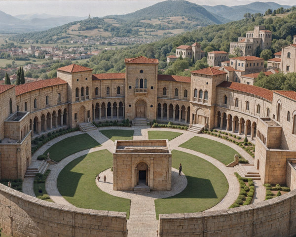 Grand Circular Courtyard with Stone Building and Hills