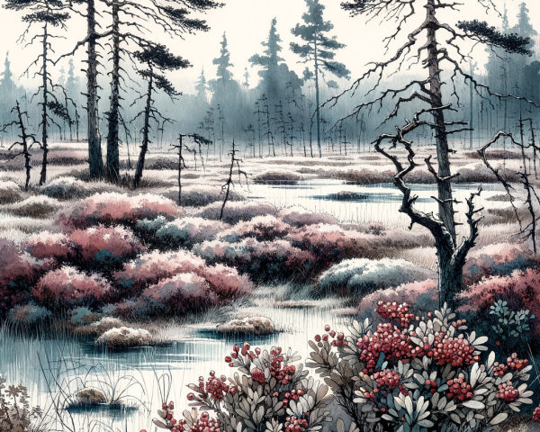 Misty Marsh Landscape with Evergreen Trees and Flowers