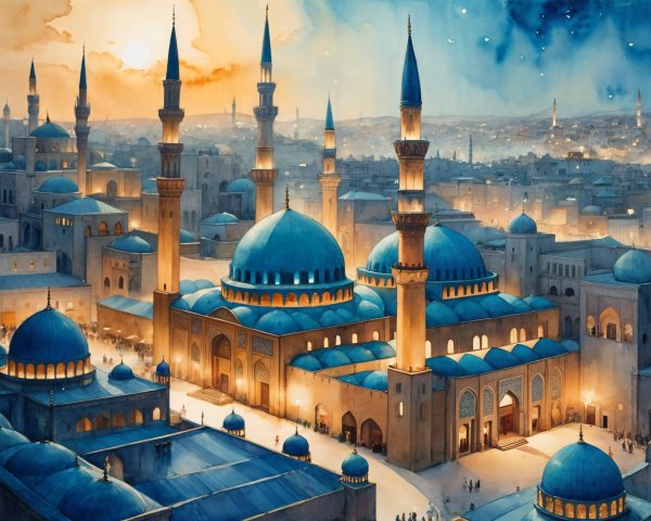Twilight City Scene with Grand Mosque and Bustling Streets