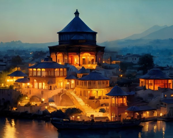 Architectural Marvel Illuminated at Dusk with Mountains