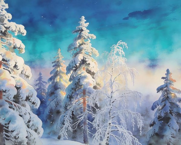Watercolor Painting of a Winter Forest at Night