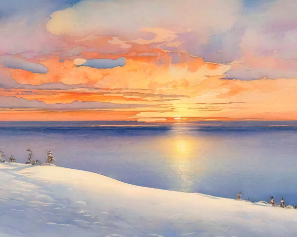 Winter Sunset Watercolor Landscape Over Water