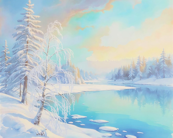Serene Winter Landscape with Snow and Icy River