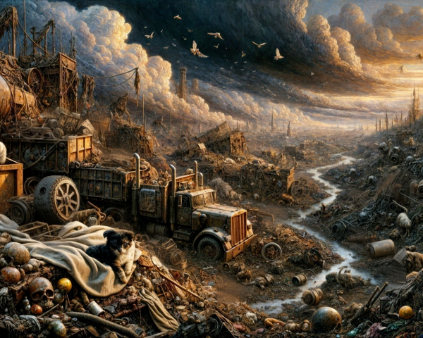 Dystopian Landscape with Ruins and Ominous Clouds