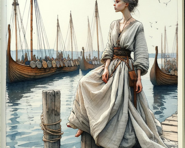 Woman in Dress by Water with Viking Ships at Sunset