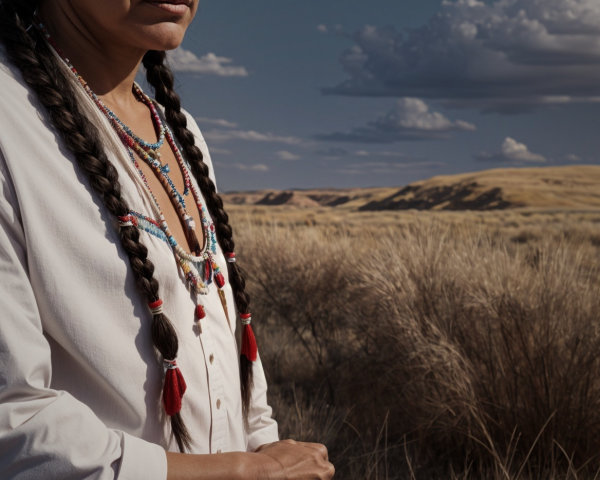 Woman in a Landscape with Dry Grass and Dramatic Sky