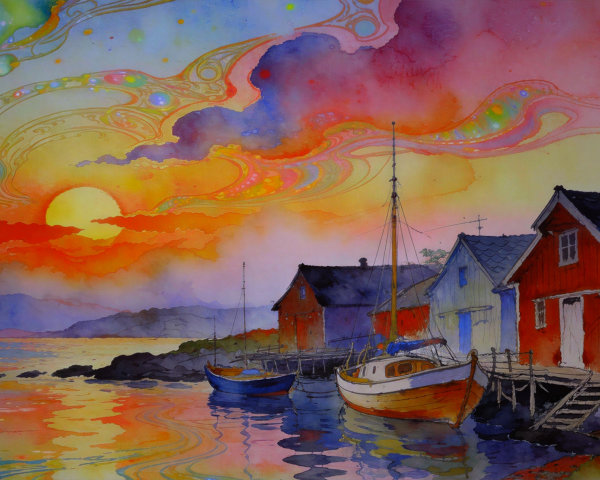 Coastal Village at Sunset in Vibrant Watercolor