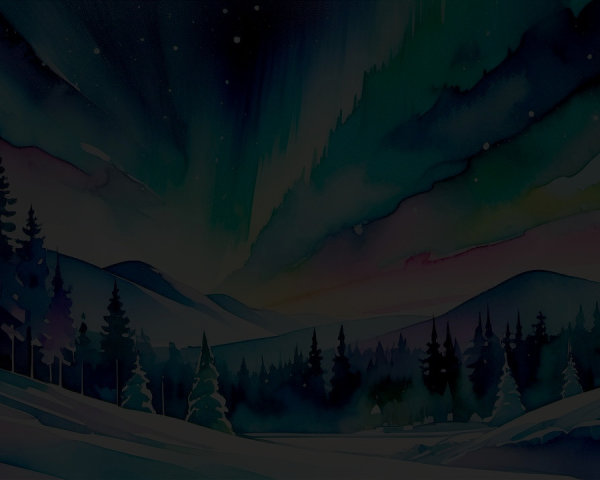 Winter Night Scene with Aurora Borealis and Pines