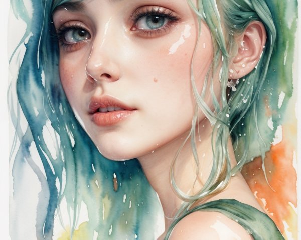 Watercolor Portrait of a Young Woman with Teal Hair