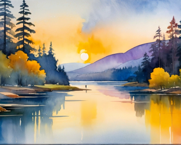 Tranquil Lake Landscape at Sunset with Autumn Foliage