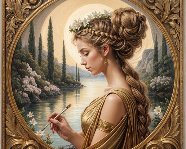 Serene Woman by Tranquil Lake in Golden Gown