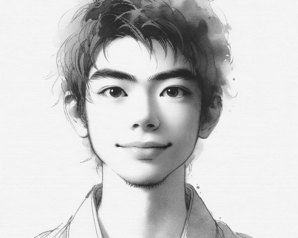 Young Man with Gentle Expression in Watercolor Style