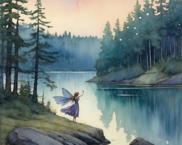 Watercolor Scene of Lake, Pines, and Fairy at Dusk