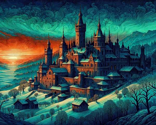 Majestic Castle at Sunset with Mirrored Lake and Hills