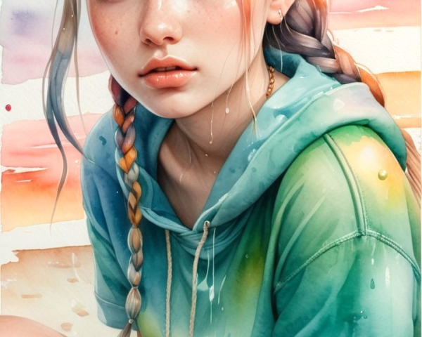Young girl by beach in oversized hoodie at sunset