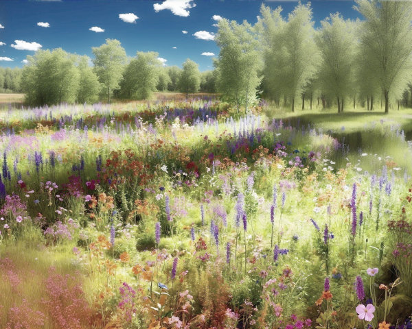 Vibrant Landscape with Colorful Wildflowers and Water Body