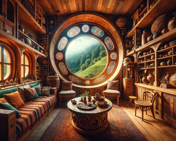 Cozy Rustic Room with Wooden Walls and Circular Window
