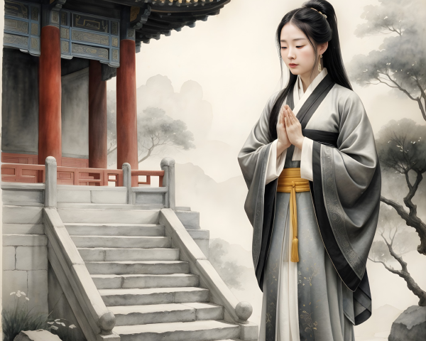 Serene Woman in Traditional Attire Before Pagoda