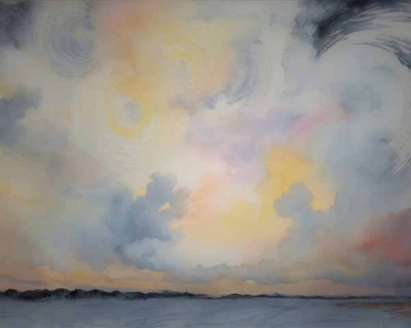Panoramic Oil Painting of Stormy Sunset Over Water