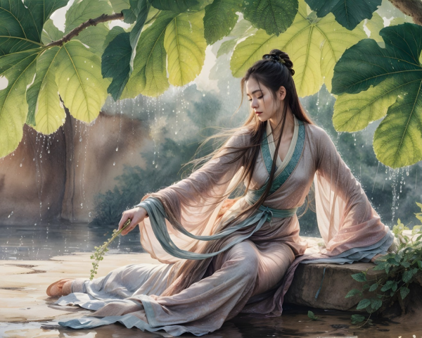 Young Woman by Tranquil Pond in Elegant Robes