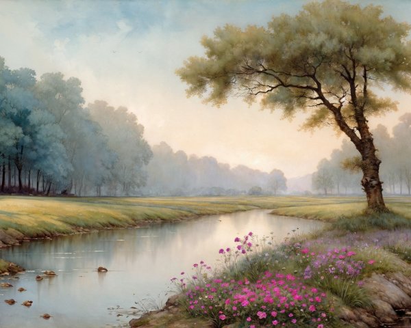 Serene River in a Vibrant Meadow Landscape